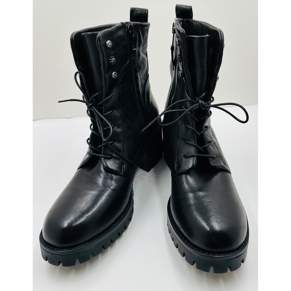 Miz Mooz Marsh Black Leather Lace Up Side Zip Lug Sole Combat Boots EU 39 US 8.5